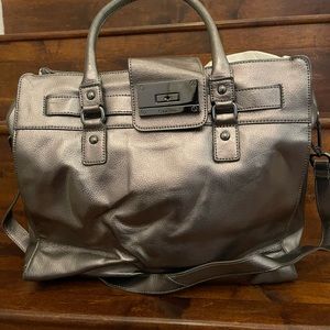 Silver leather tote bag by Calvin Klein
